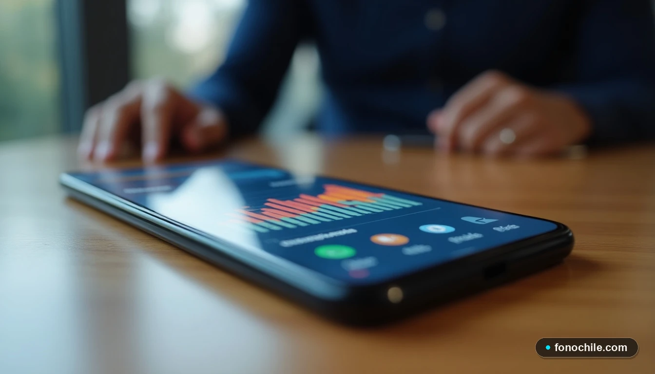 Smartphone mostrando gráficos de datos abstractos y coloridos sobre análisis de ofertas de telecomunicaciones.