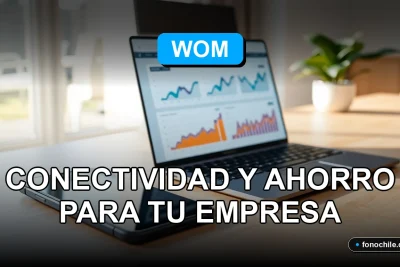 Ofertas de conectividad empresarial WOM para 2026, mostrando gráficos abstractos en una oficina moderna.