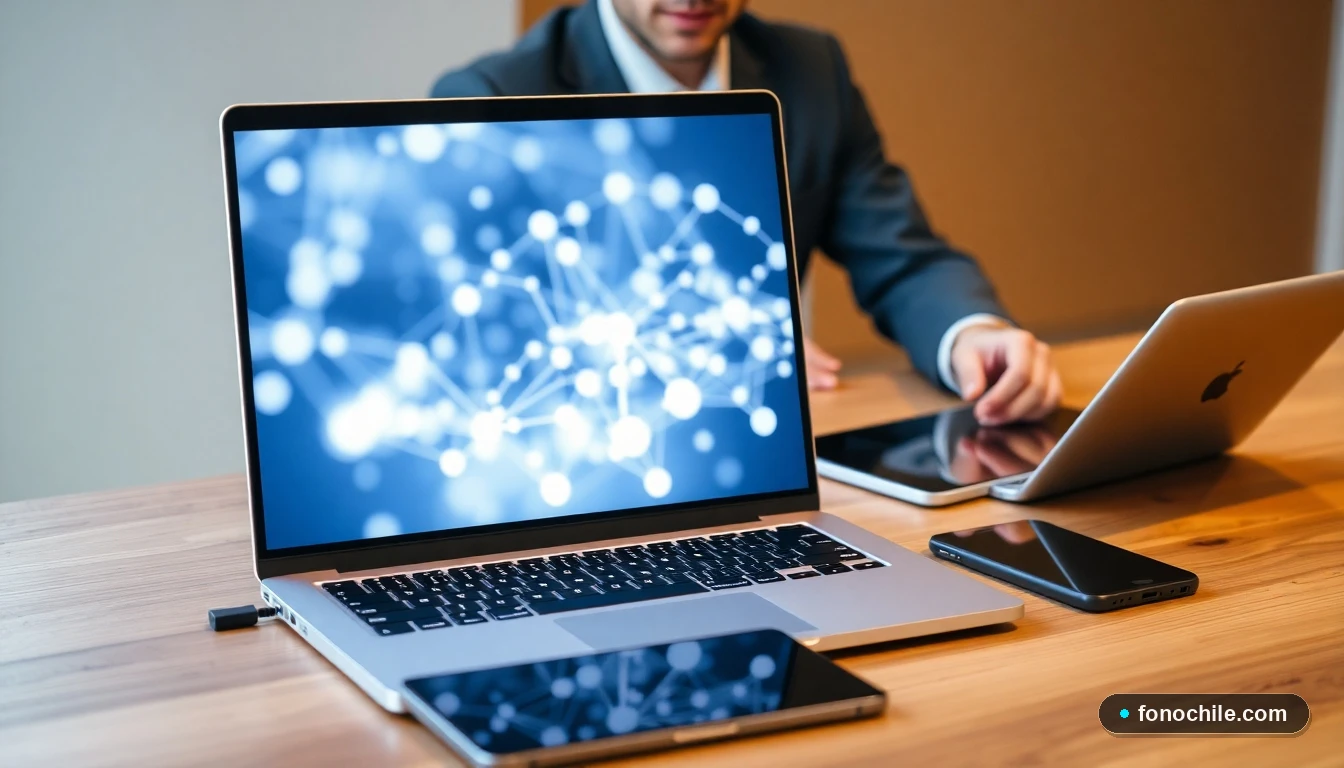 Equipo de trabajo en oficina moderna utilizando dispositivos conectados a soluciones de telecomunicaciones empresariales.