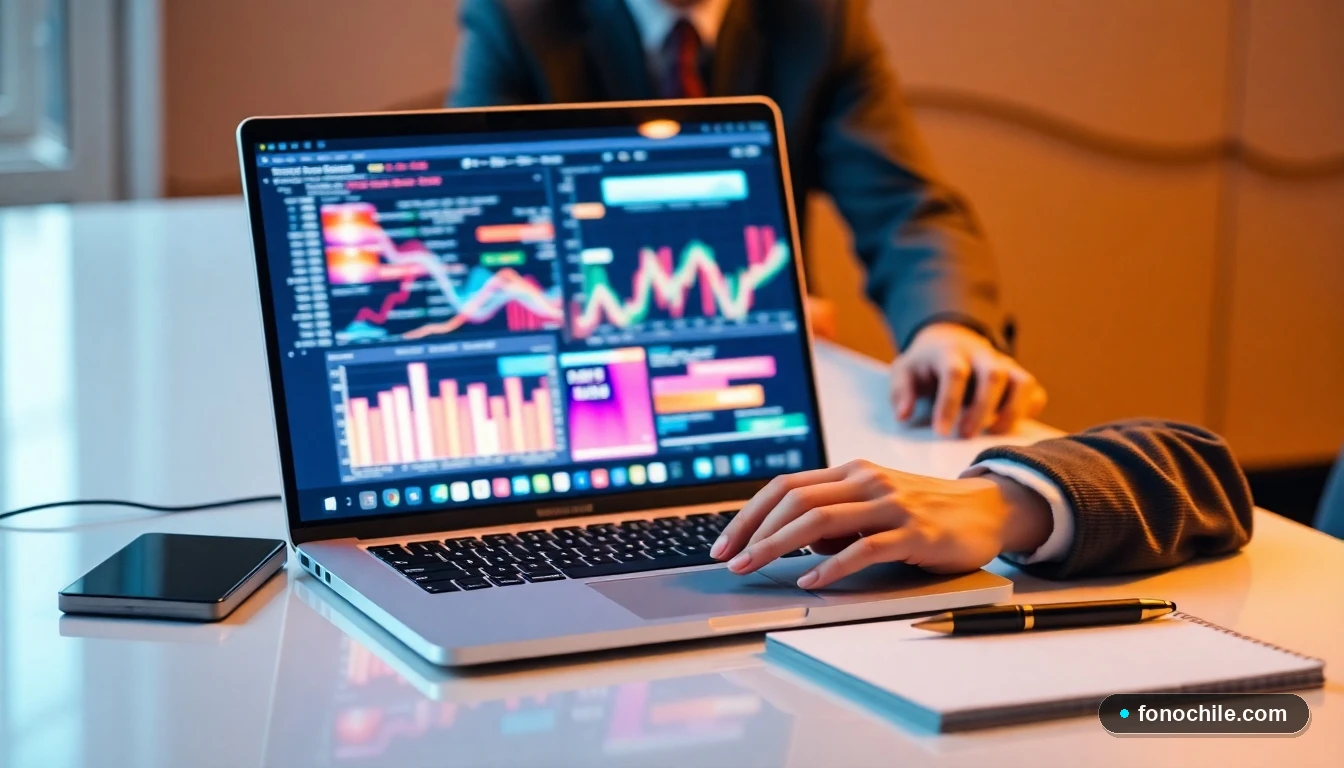 Oficina moderna con laptop mostrando gráficos de gestión, representando la sede central de una empresa.