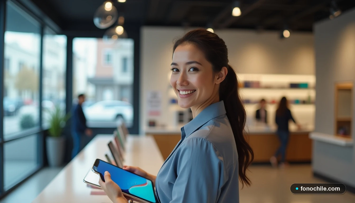 Asesora de WOM atendiendo a un cliente en una sucursal moderna de Concepción.