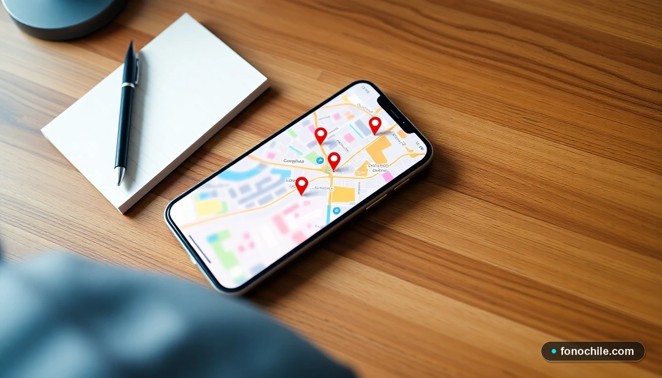 Smartphone mostrando un mapa con las ubicaciones de las oficinas de DIRECTV en Santiago de Chile