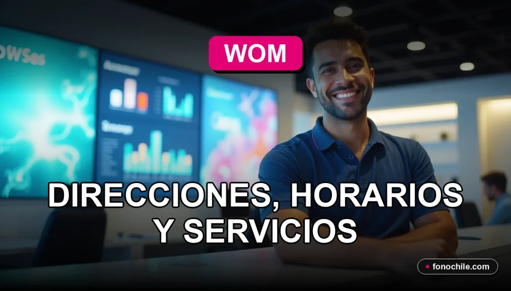 Oficina moderna de WOM en Viña del Mar con mostrador de atención al cliente y pantallas digitales.
