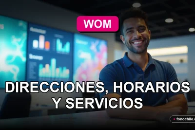 Oficina moderna de WOM en Viña del Mar con mostrador de atención al cliente y pantallas digitales.