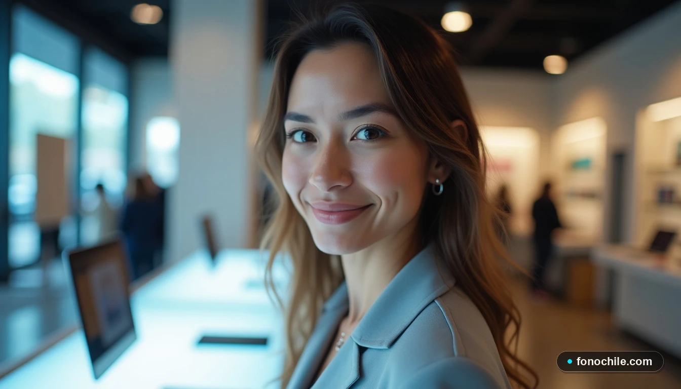 Asesora de WOM en oficina de Viña del Mar junto a una mesa con teléfonos inteligentes en exhibición.