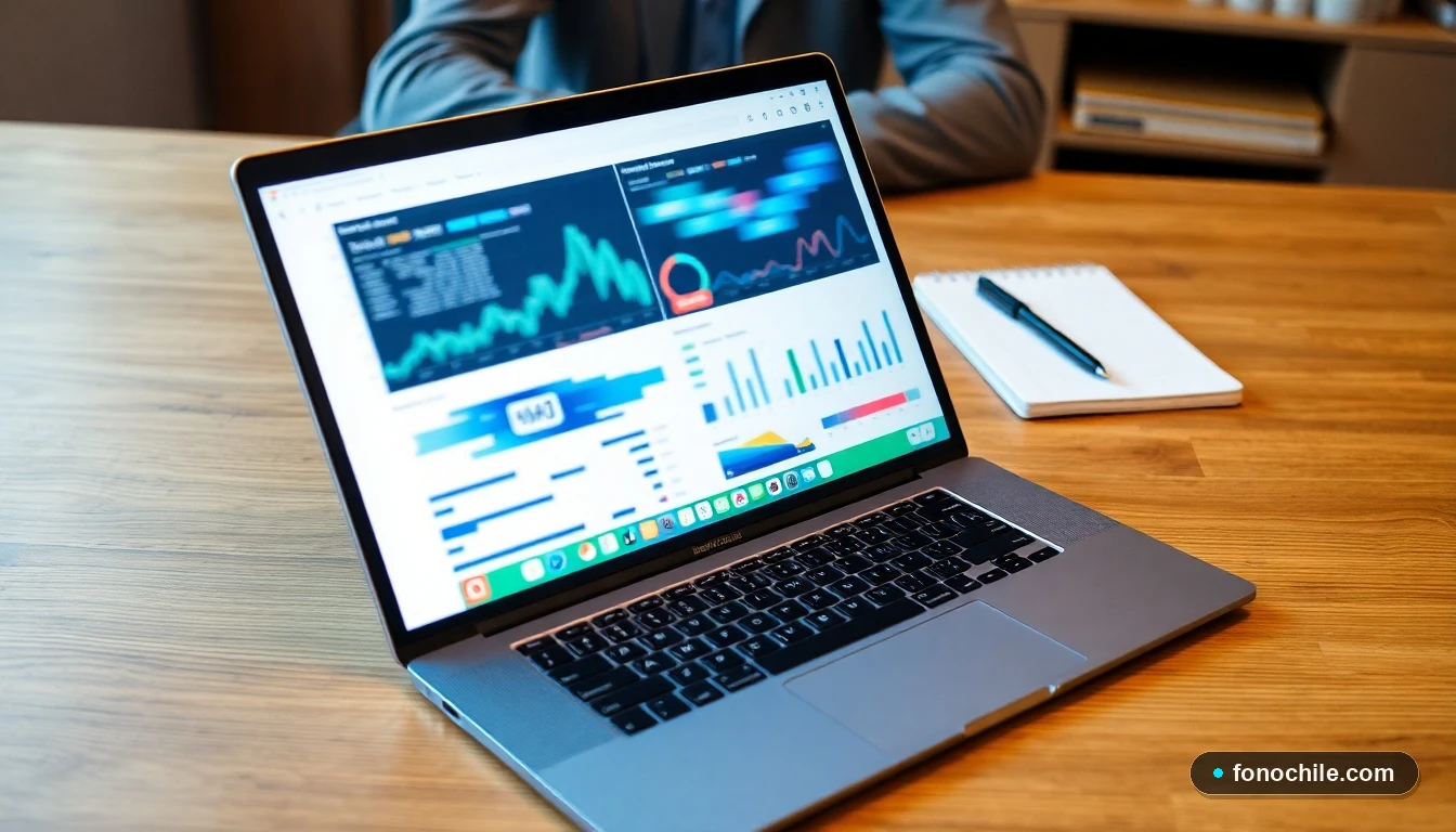 Laptop mostrando gráficos de datos sobre salud pública y apoyo comunitario en Chile.