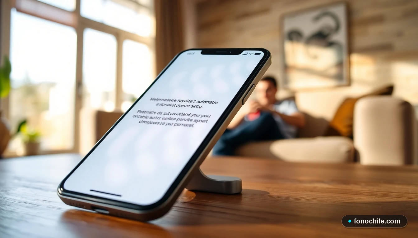 Configuración de pago automático en aplicación de telecomunicaciones desde un smartphone en un hogar chileno.