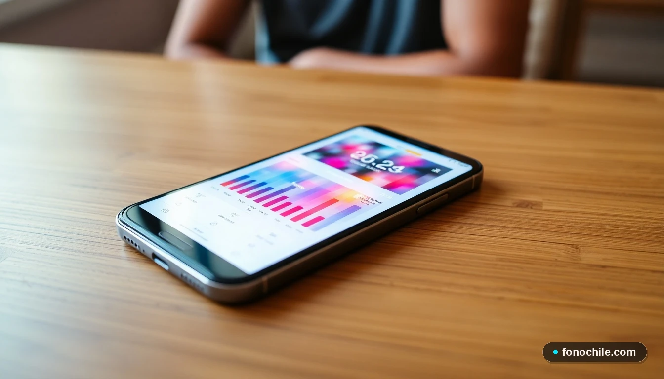 Smartphone mostrando gráficos abstractos de cobertura y velocidad de redes móviles en Chile sobre una mesa de madera.