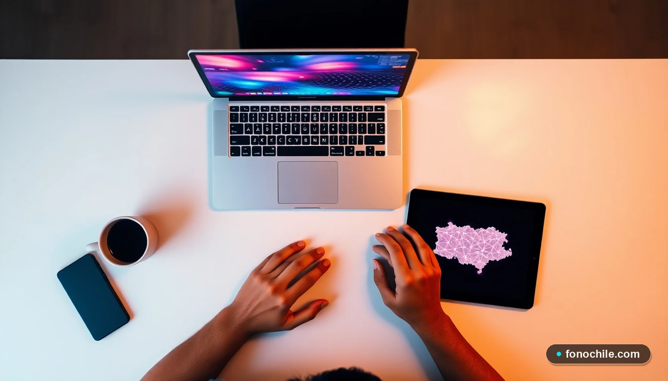 Vista superior de dispositivos mostrando gráficos de red abstractos y mapa de cobertura de internet en Chile sobre una mesa de trabajo moderna.