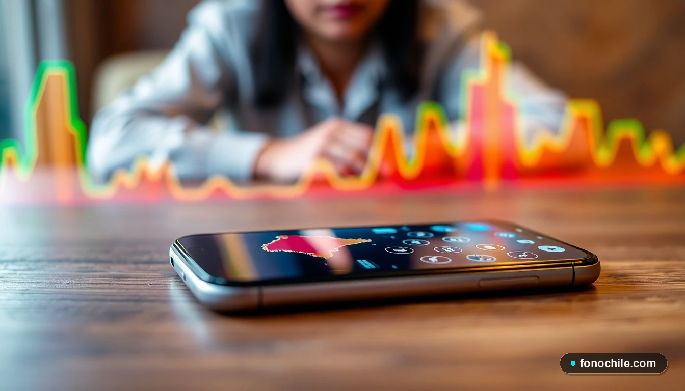 Gráfico abstracto de cobertura de red móvil en Chile junto a un smartphone moderno, clave para entender la homologación SAE 2026.