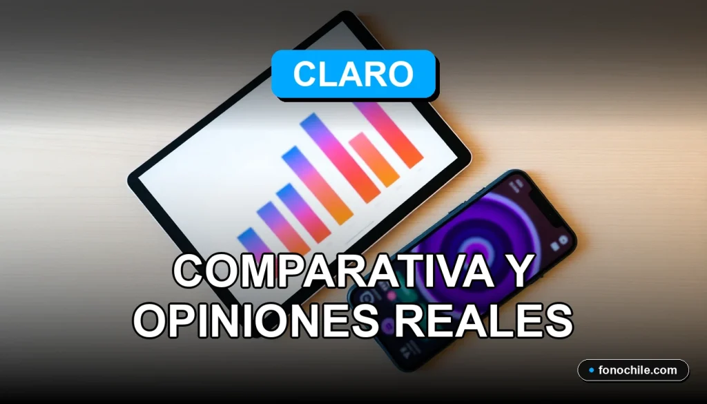 Comparativa de planes de telefonía móvil Claro, Movistar, y Wom en Chile mostrando gráficos de cobertura y velocidad en una tablet moderna.