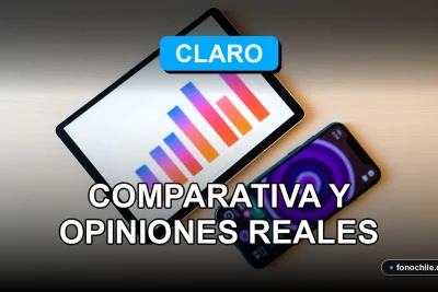 Comparativa de planes de telefonía móvil Claro, Movistar, y Wom en Chile mostrando gráficos de cobertura y velocidad en una tablet moderna.