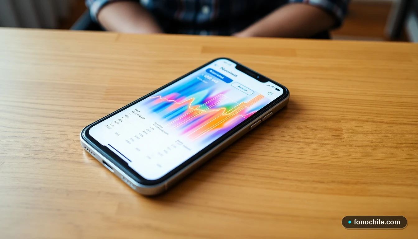 Gráfico comparativo abstracto de rendimiento de redes móviles en un smartphone sobre una mesa de madera.