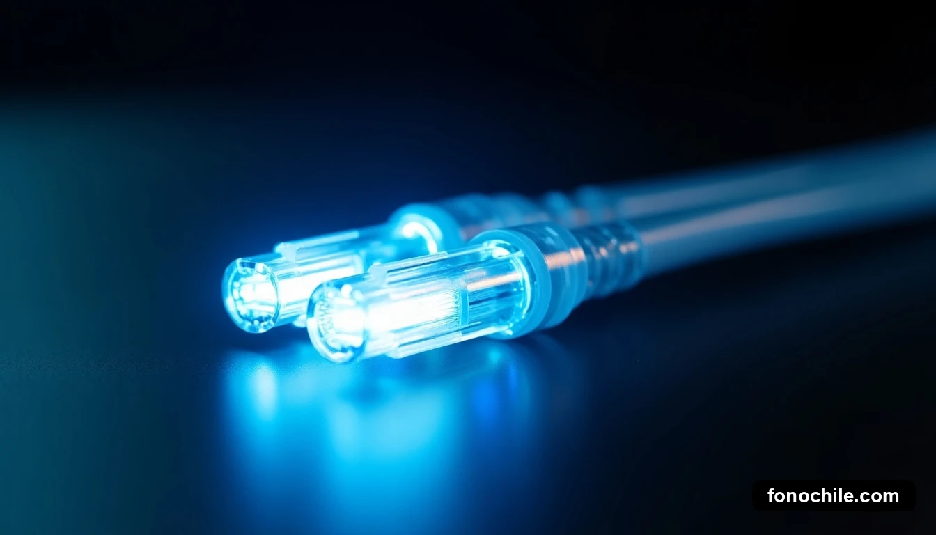 Primer plano detallado de cables de fibra óptica iluminados desde su interior, representando alta velocidad y conectividad