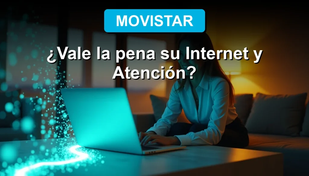 Una mujer sonriente mira fijamente la pantalla de su laptop con conexión a Internet Movistar estable en su hogar moderno.