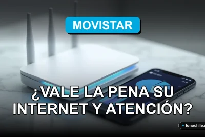 Dispositivos modernos de Movistar sobre una mesa con gráficos abstractos en pantalla