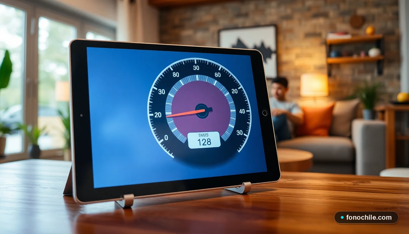 Tablet mostrando un test de velocidad de internet en una habitación moderna, concepto de optimización de red doméstica.