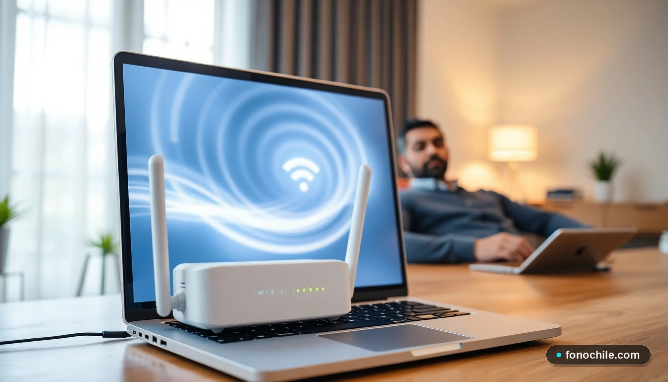Configuración de oficina en casa con router Wi-Fi moderno y laptop mostrando gráficos de señal de red para optimizar fibra óptica.