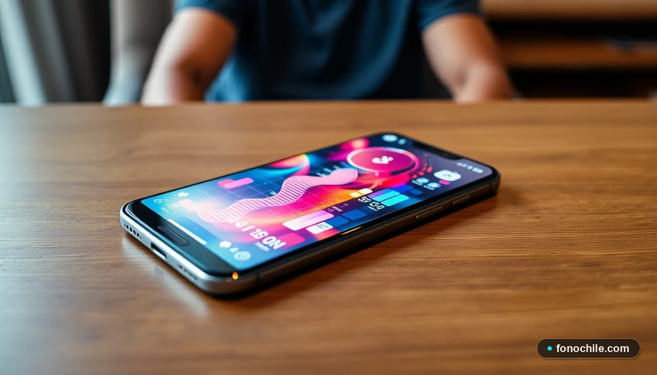 Smartphone mostrando gráficos abstractos de velocidad de red y cobertura WiFi para optimización de internet.