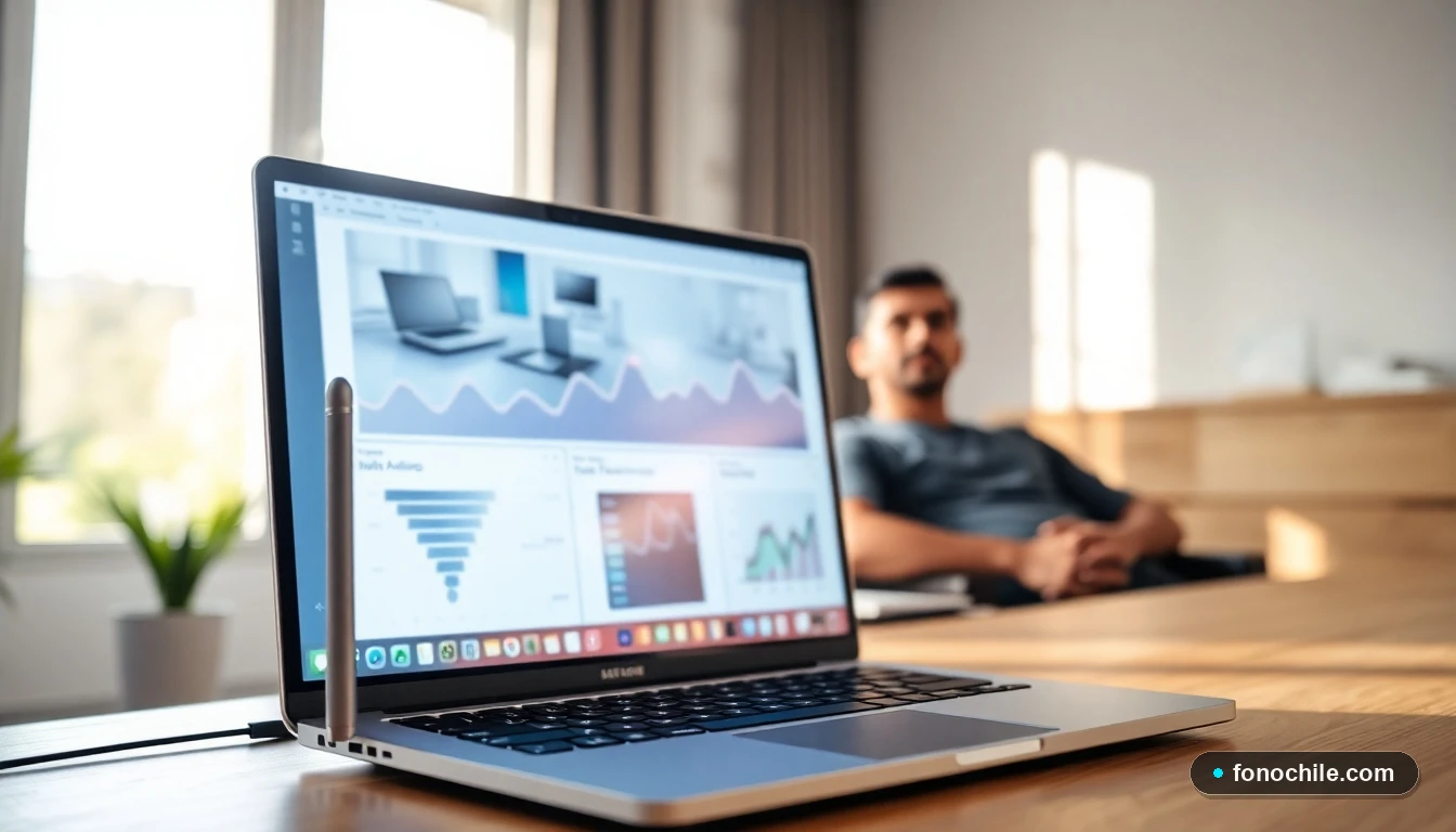 Configuración de oficina en casa con router Wi-Fi y laptop mostrando gráficos de red para optimizar internet.