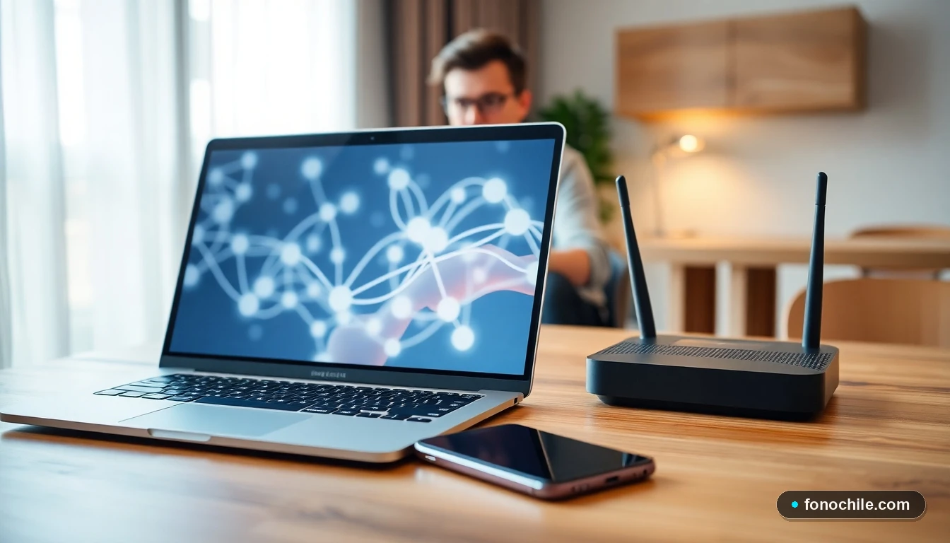 Configuración moderna de oficina en casa con router WiFi y dispositivos mostrando gráficos de conectividad abstractos.