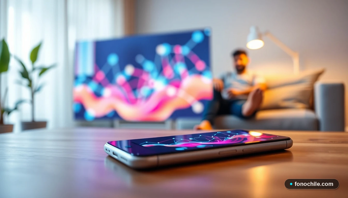 Gráfico abstracto de red wifi en smartphone sobre mesa, mostrando optimización de conexión doméstica en Chile.