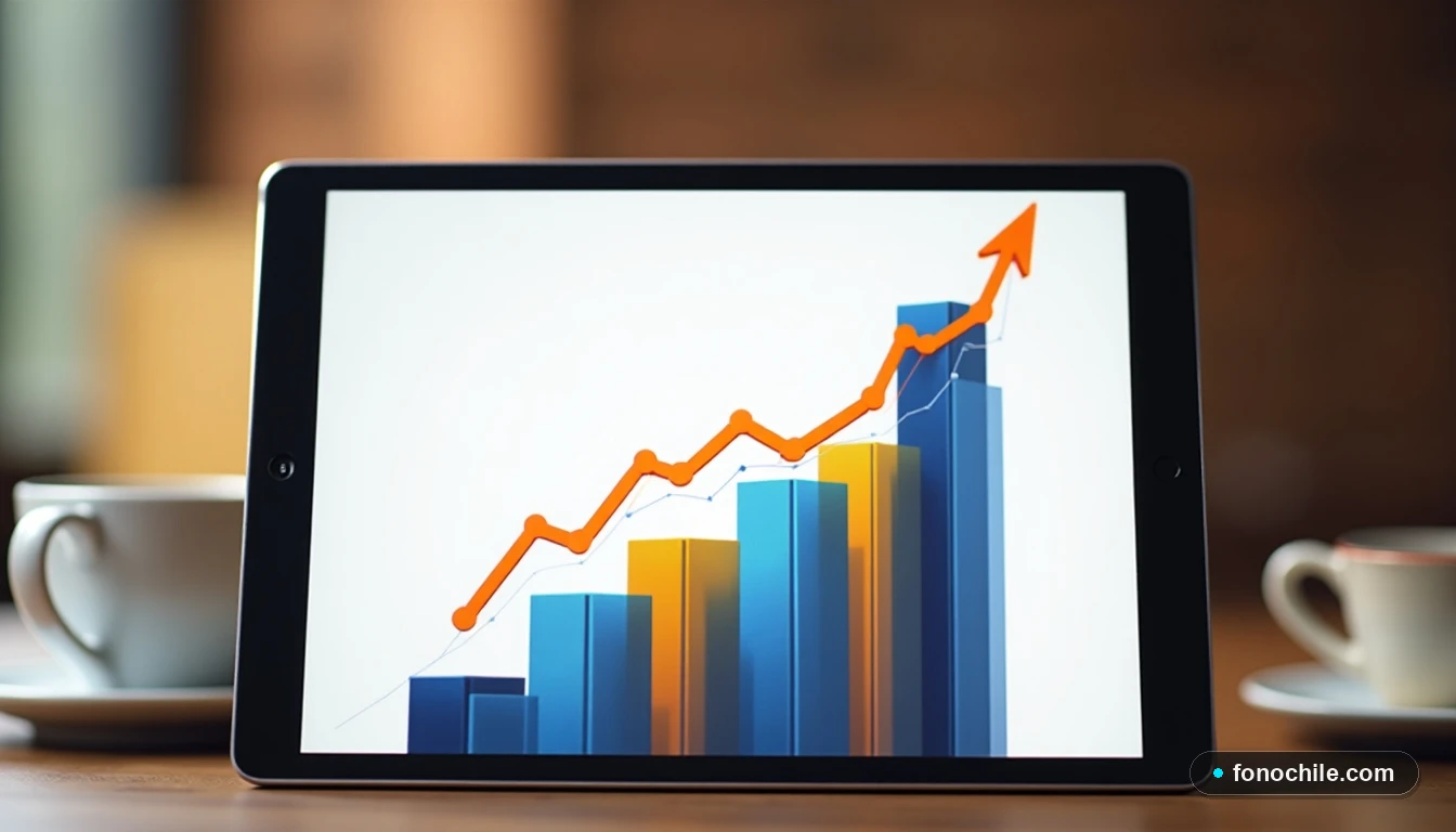 Gráfico abstracto de crecimiento mostrando la ventaja de los combos de servicios en un tablet sobre una mesa de trabajo.