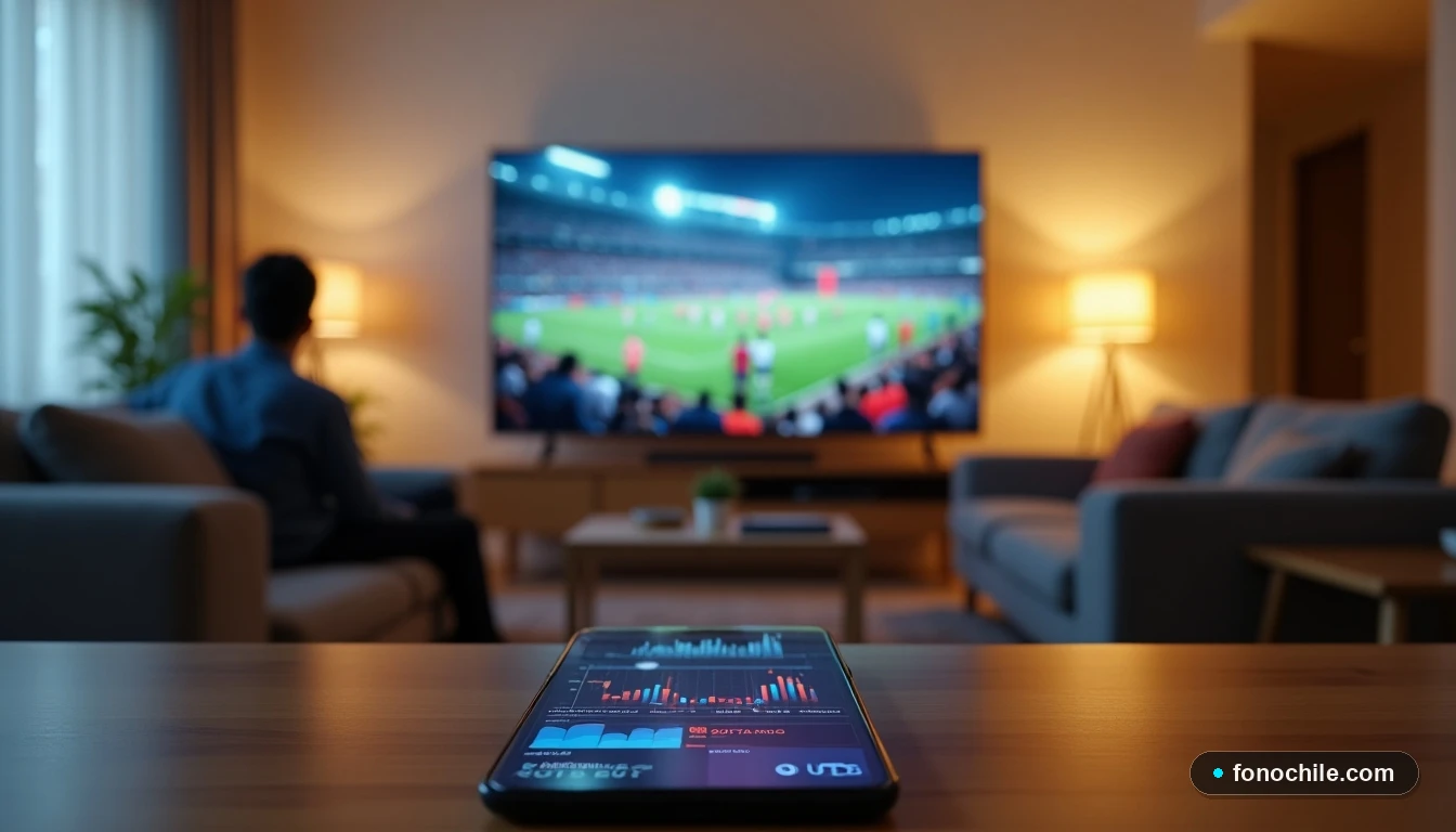 Hogar chileno moderno con pack de servicios Claro: smartphone mostrando gráficos de velocidad y TV con programación deportiva.