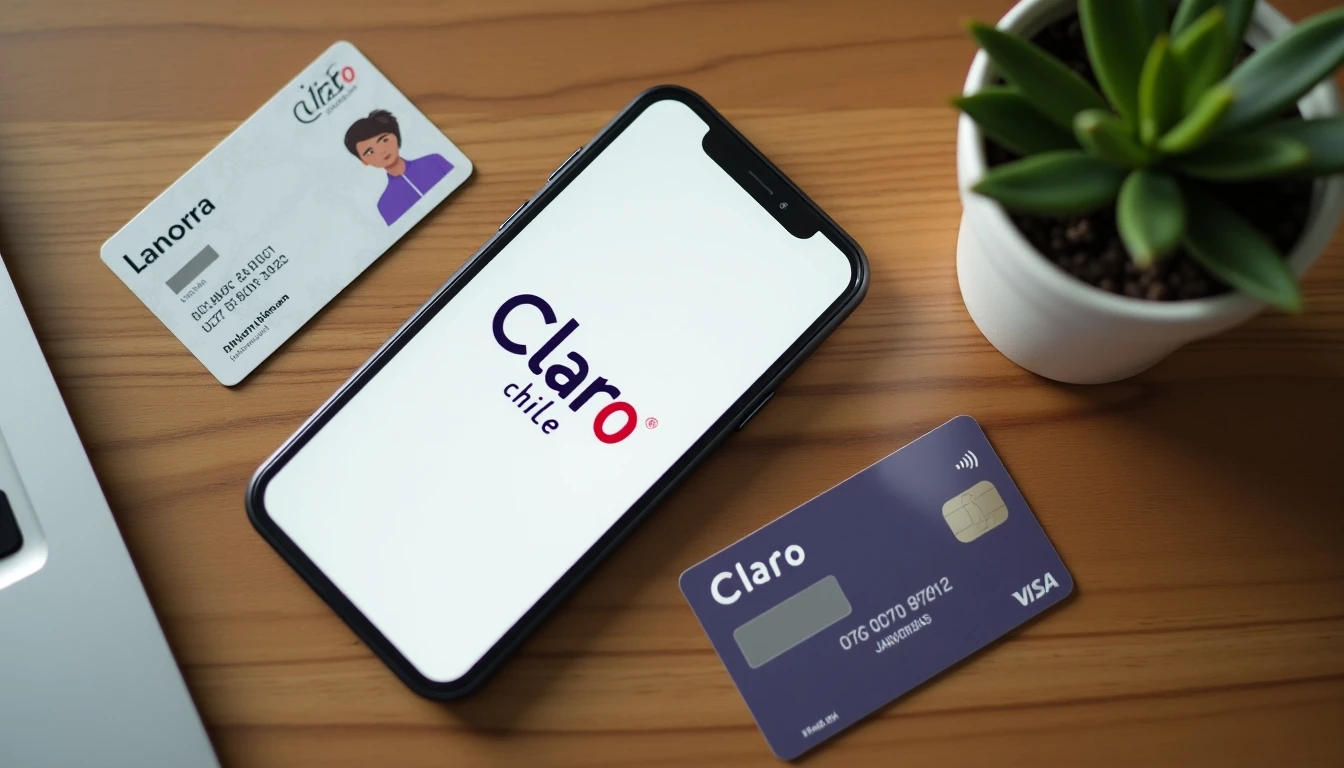 Guía visual para pagar Claro con RUT: smartphone, tarjeta de crédito e identificación sobre escritorio.