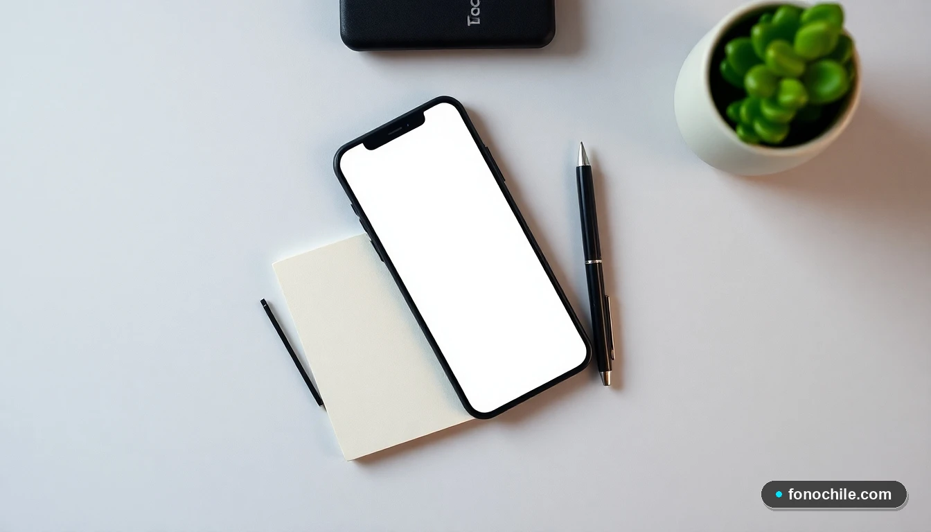 Disposición superior de herramientas para gestión de pagos: smartphone y libreta sobre una mesa.