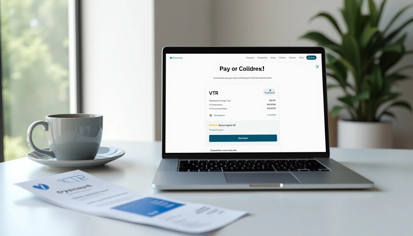 Pago exitoso de boleta VTR en laptop sobre escritorio moderno