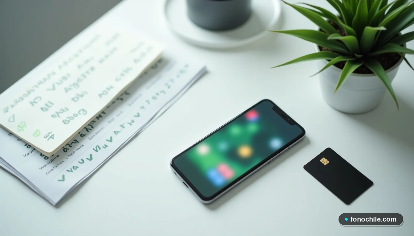 Vista superior de un escritorio con un teléfono, una tarjeta de crédito y una boleta, mostrando el proceso de pago digital de servicios WOM.