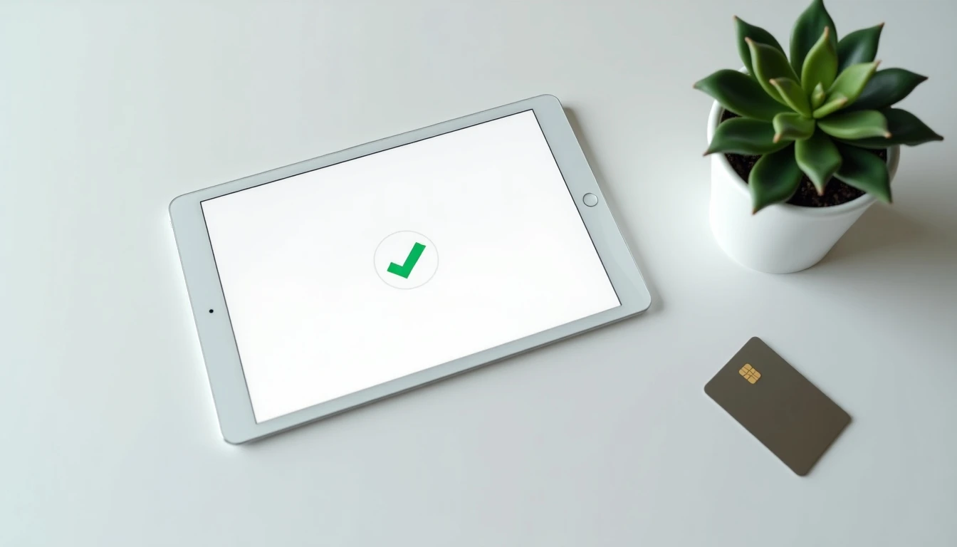 Pago exitoso de servicios Mundo en tablet moderna, concepto de finanzas digitales sencillas.