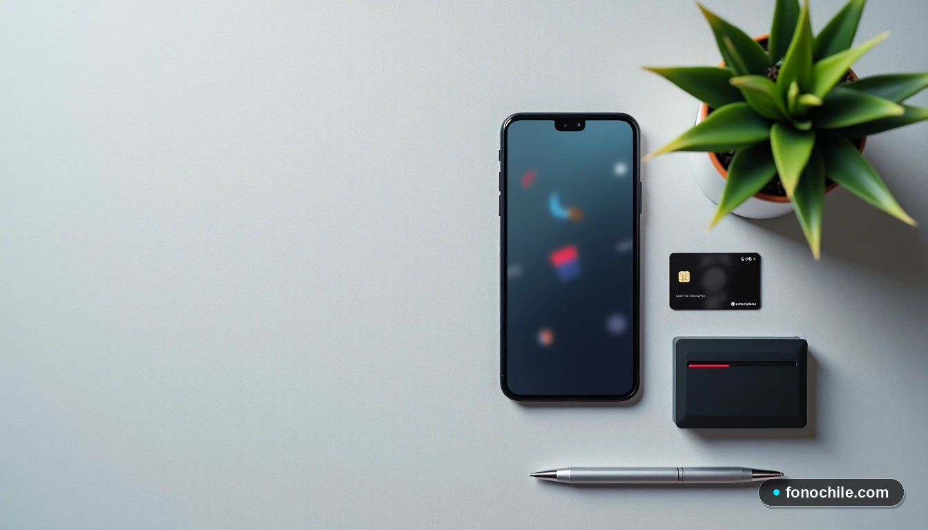 Vista superior plana de un teléfono inteligente, un router moderno y una tarjeta de crédito, organizados de forma minimalista sobre una superficie textil gris, representando los métodos de pago y gestión del servicio.