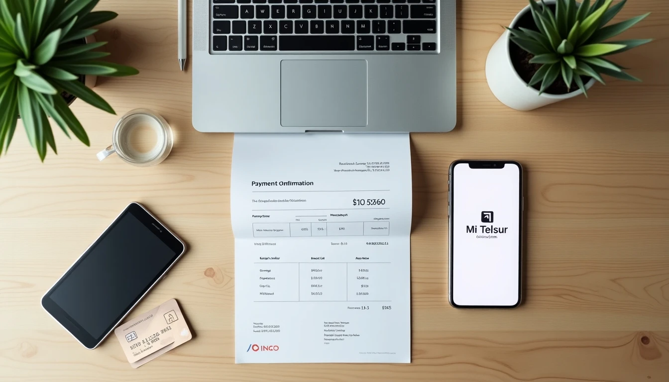 Métodos de pago Telsur 2026: laptop, boleta, tarjeta y app móvil sobre escritorio.