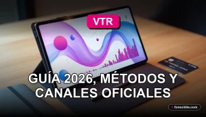 Guía para pagar servicios VTR usando el RUT, mostrada en una tablet sobre una mesa de madera.