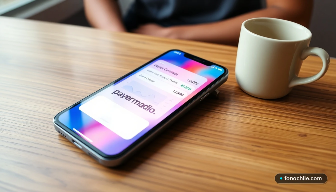 Smartphone mostrando una interfaz abstracta de confirmación de pago de una aplicación en colores vibrantes.