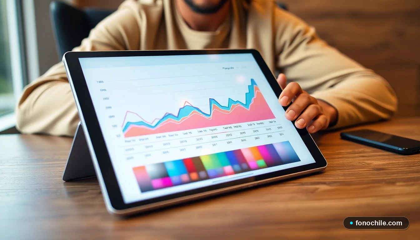 Gráfico abstracto de colores mostrando tendencias de pago de servicios de telecomunicaciones en una tablet sobre una mesa.