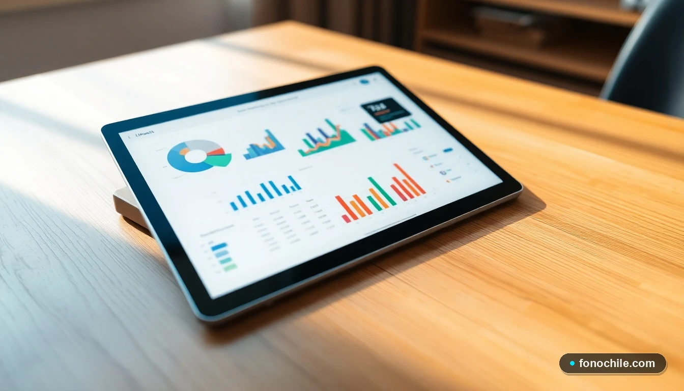 Tablet mostrando gráficos abstractos de colores sobre gestión de pagos y finanzas personales en Chile.