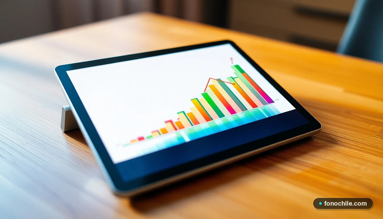 Gráfico abstracto de colores que representa la reducción de una deuda en una tablet sobre una mesa.