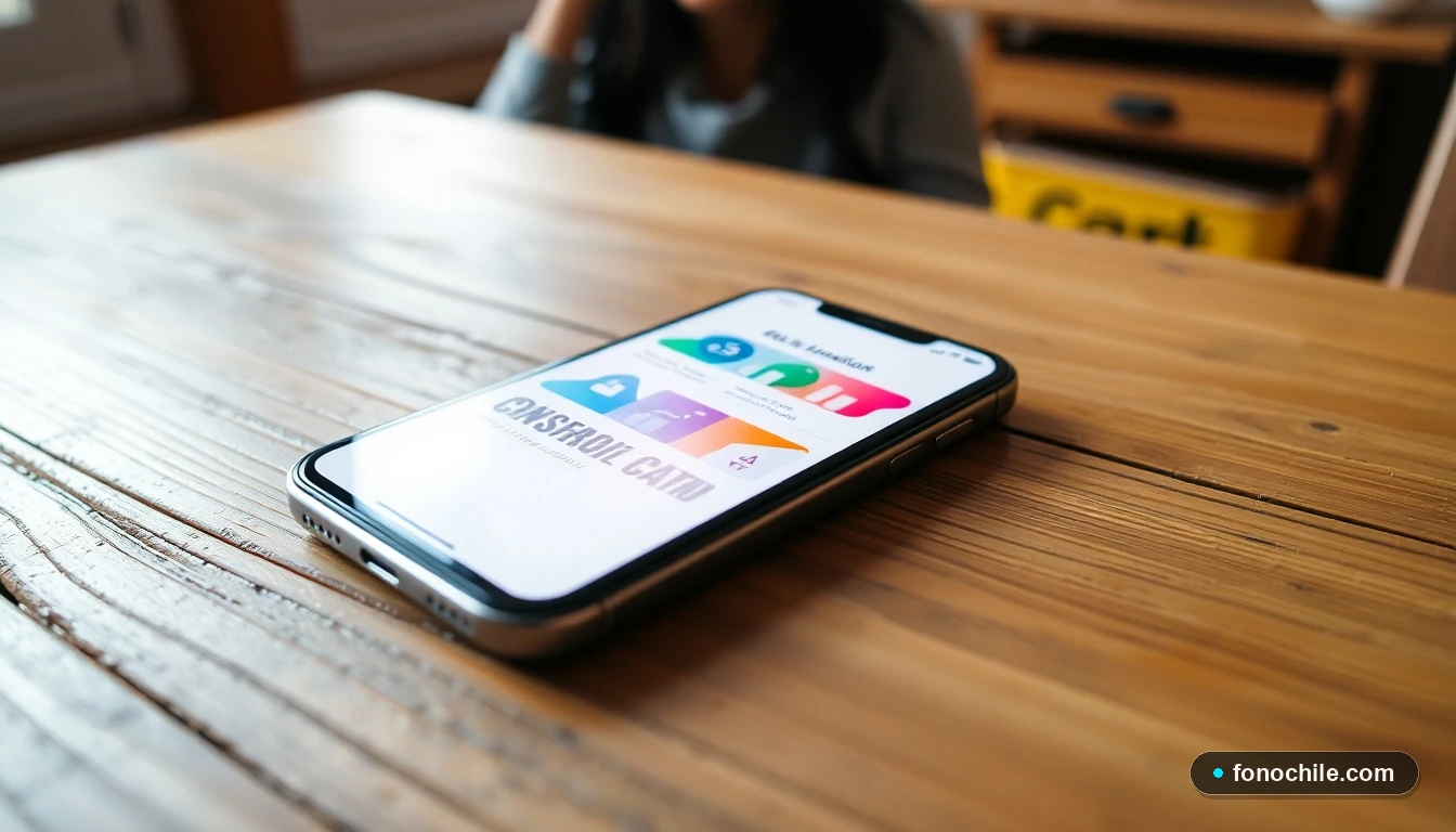 Interfaz de confirmación de pago de servicios móviles en un teléfono inteligente sobre una mesa de madera.