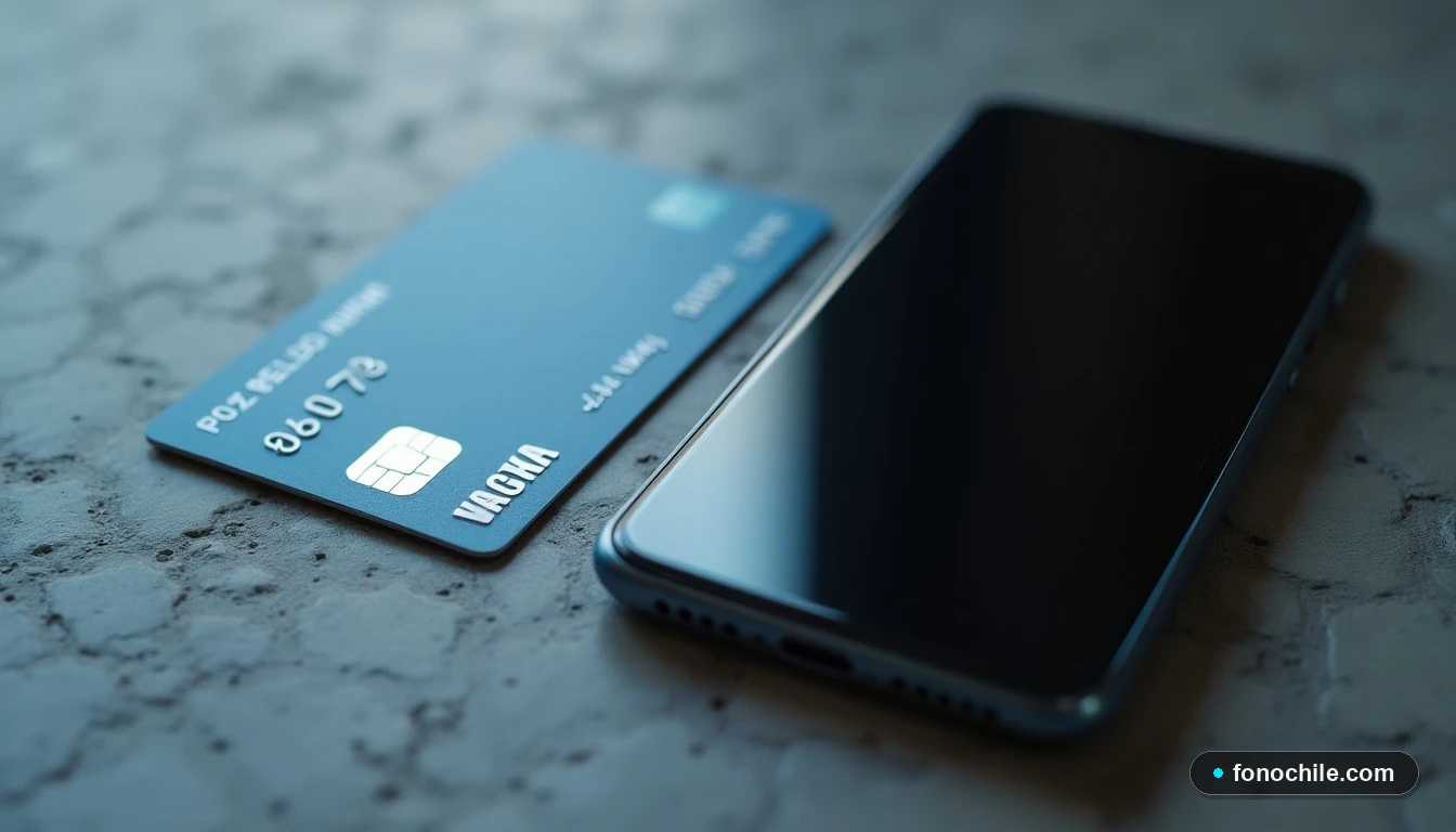 Vista aérea de un teléfono inteligente y una tarjeta de crédito genérica descansando sobre una superficie de piedra texturizada, simbolizando el pago automático seguro y directo.