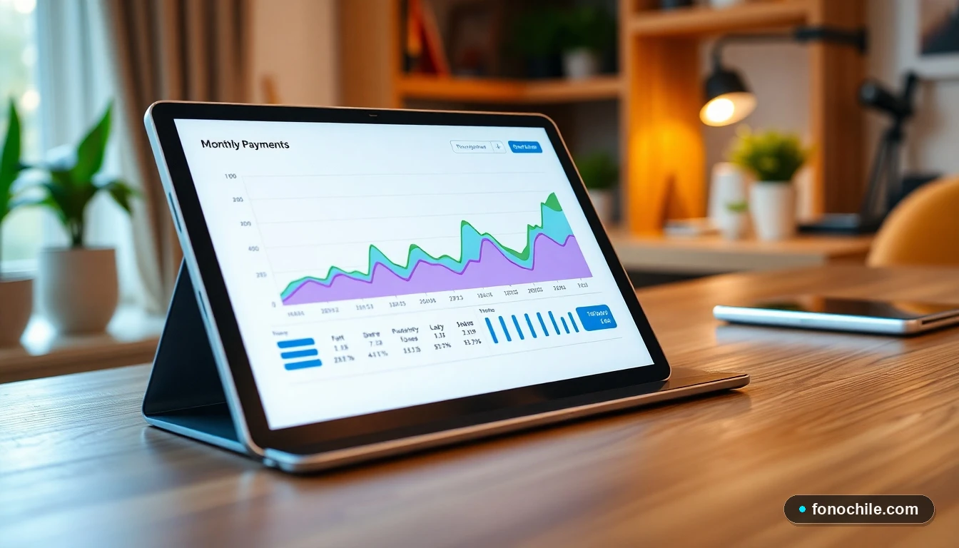 Gráfico abstracto de colores mostrando el ahorro y la puntualidad en pagos mensuales de servicios, visualizado en una tablet.