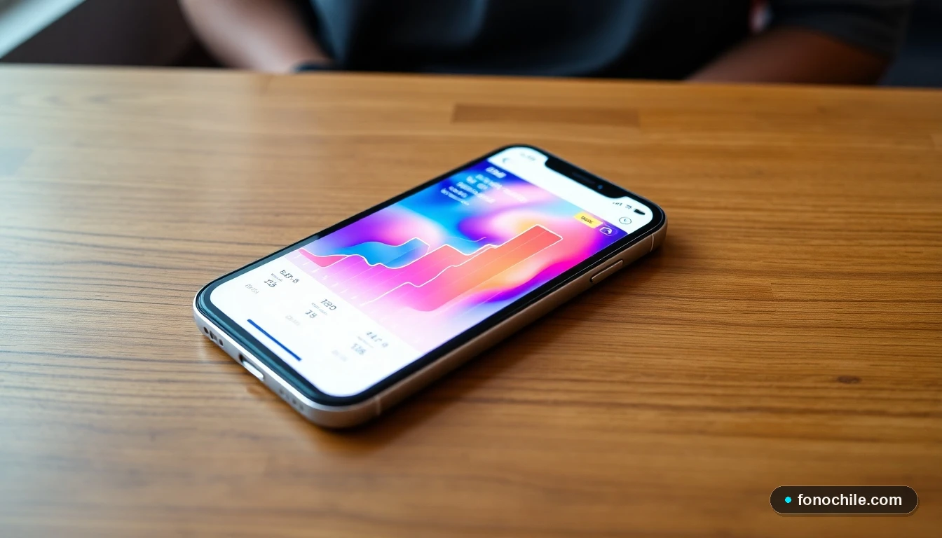 Smartphone mostrando gráficos abstractos de colores sobre análisis de pagos y recargas de servicios.