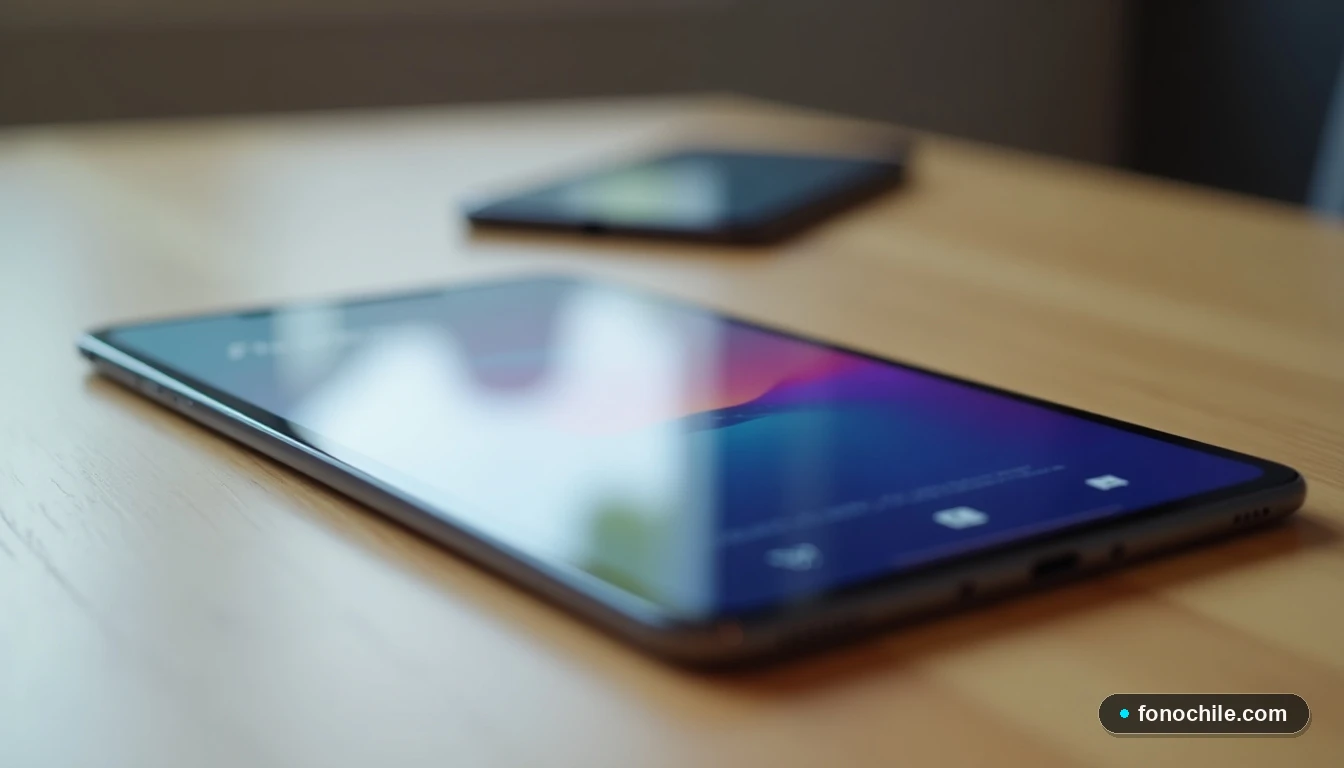 Vista cenital de una tablet mostrando una interfaz de usuario genérica y colorida, junto a un teléfono inteligente, sobre una mesa de madera.