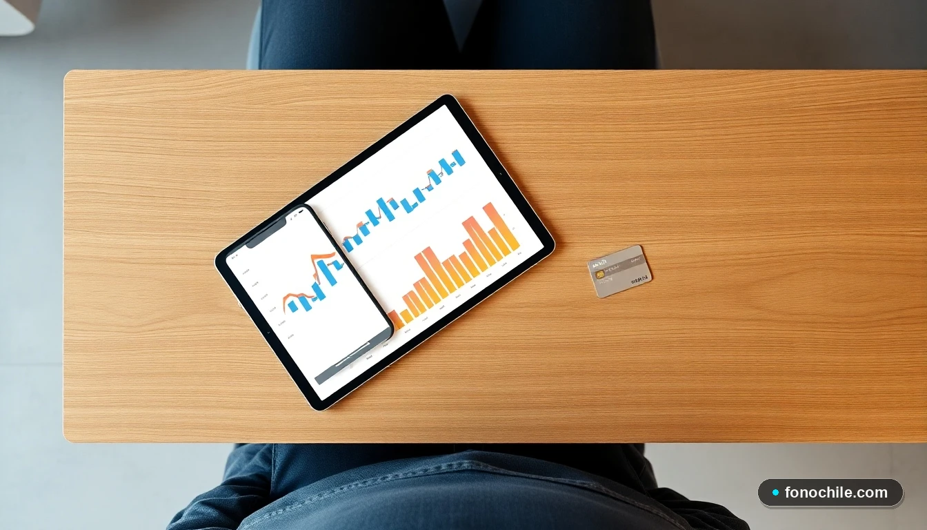 Smartphone y tablet mostrando gráficos de colores sobre gestión de pagos digitales, junto a una tarjeta de crédito en un escritorio.