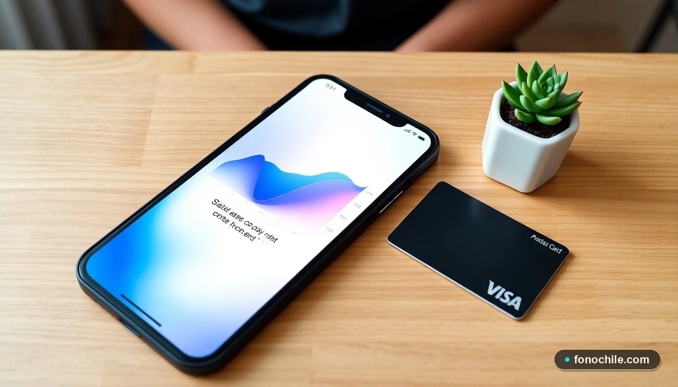 Smartphone mostrando confirmación de pago exitoso de servicios móviles con gráficos abstractos de colores.