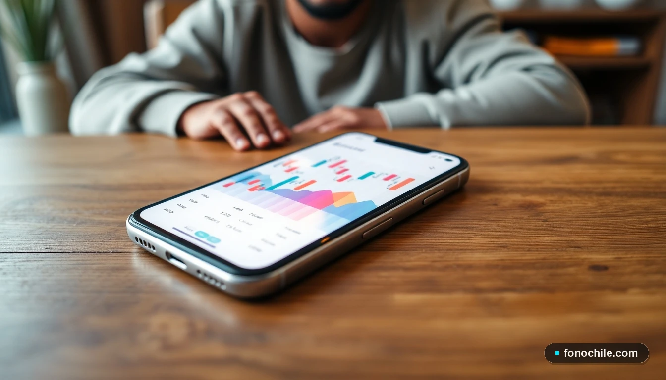 Smartphone mostrando una interfaz gráfica abstracta de una aplicación bancaria para realizar pagos móviles en Chile.