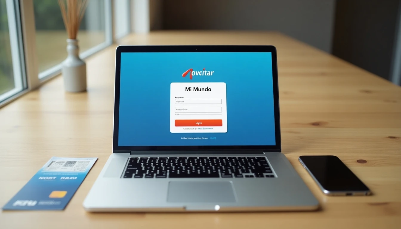 Laptop mostrando el portal Mi Mundo de Movistar junto a una boleta física y métodos de pago sobre una mesa de madera.