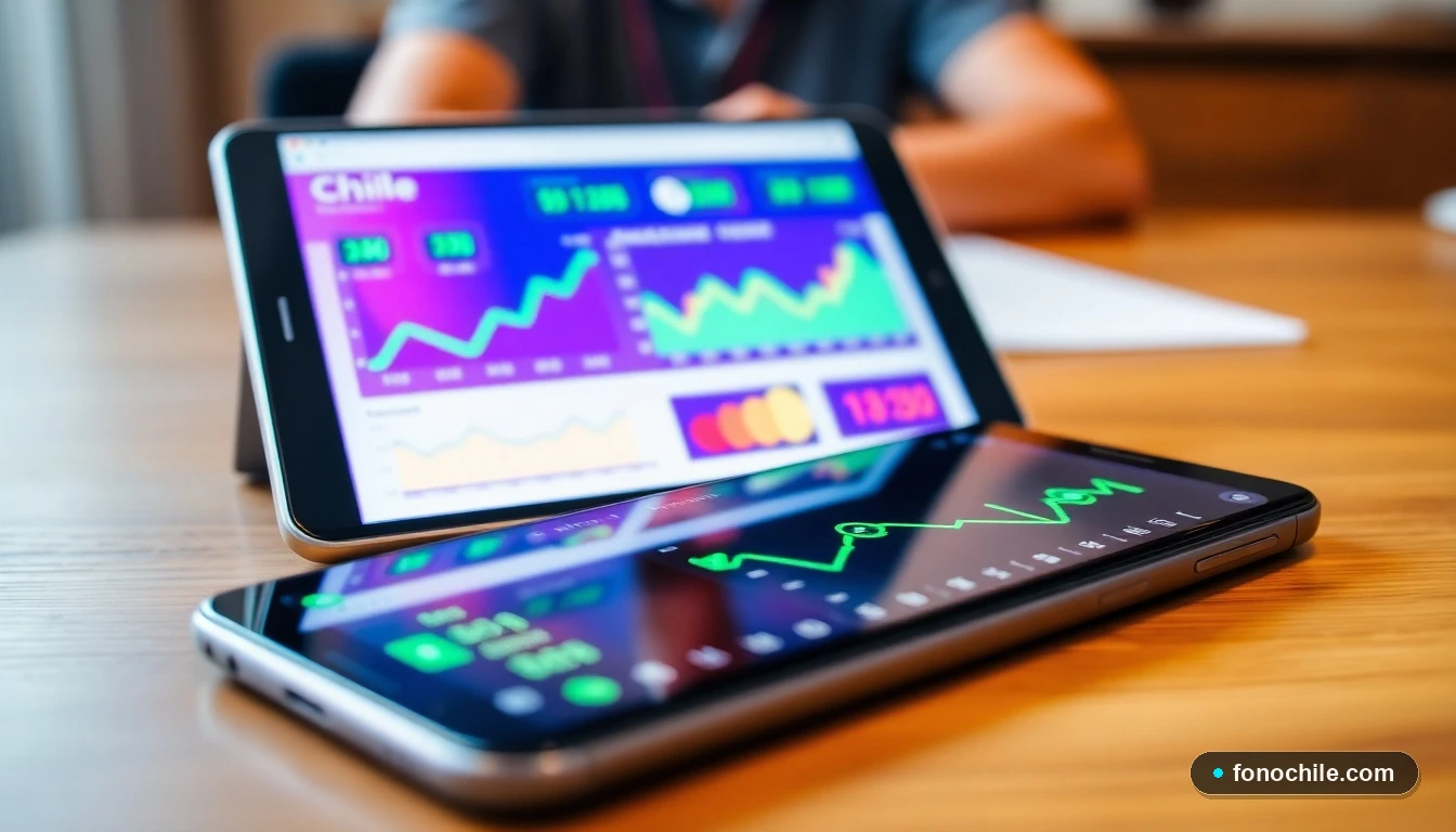 Dashboard abstracto en dispositivos mostrando gráficos de colores sobre pagos digitales exitosos en Chile.